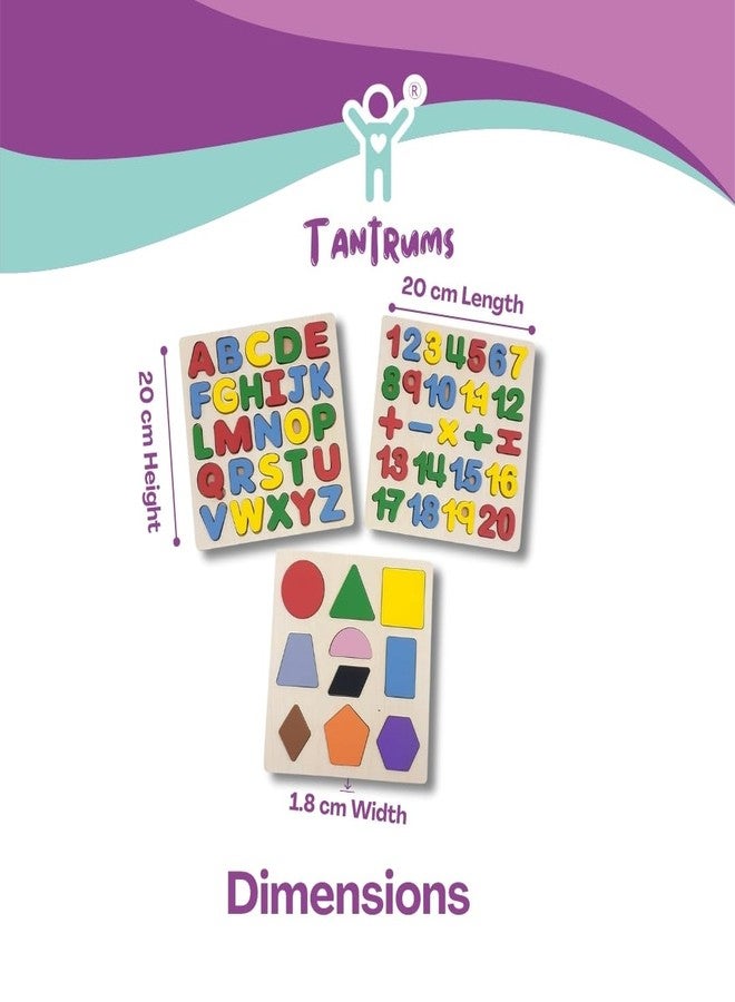 Tantrums Wooden Educational Puzzle Set for Kids (Set of 3) | Alphabet, Number & Shape Learning Boards | Montessori Preschool Toy for Early Learning, Colour Recognition & Hand-Eye Coordination - Image 2